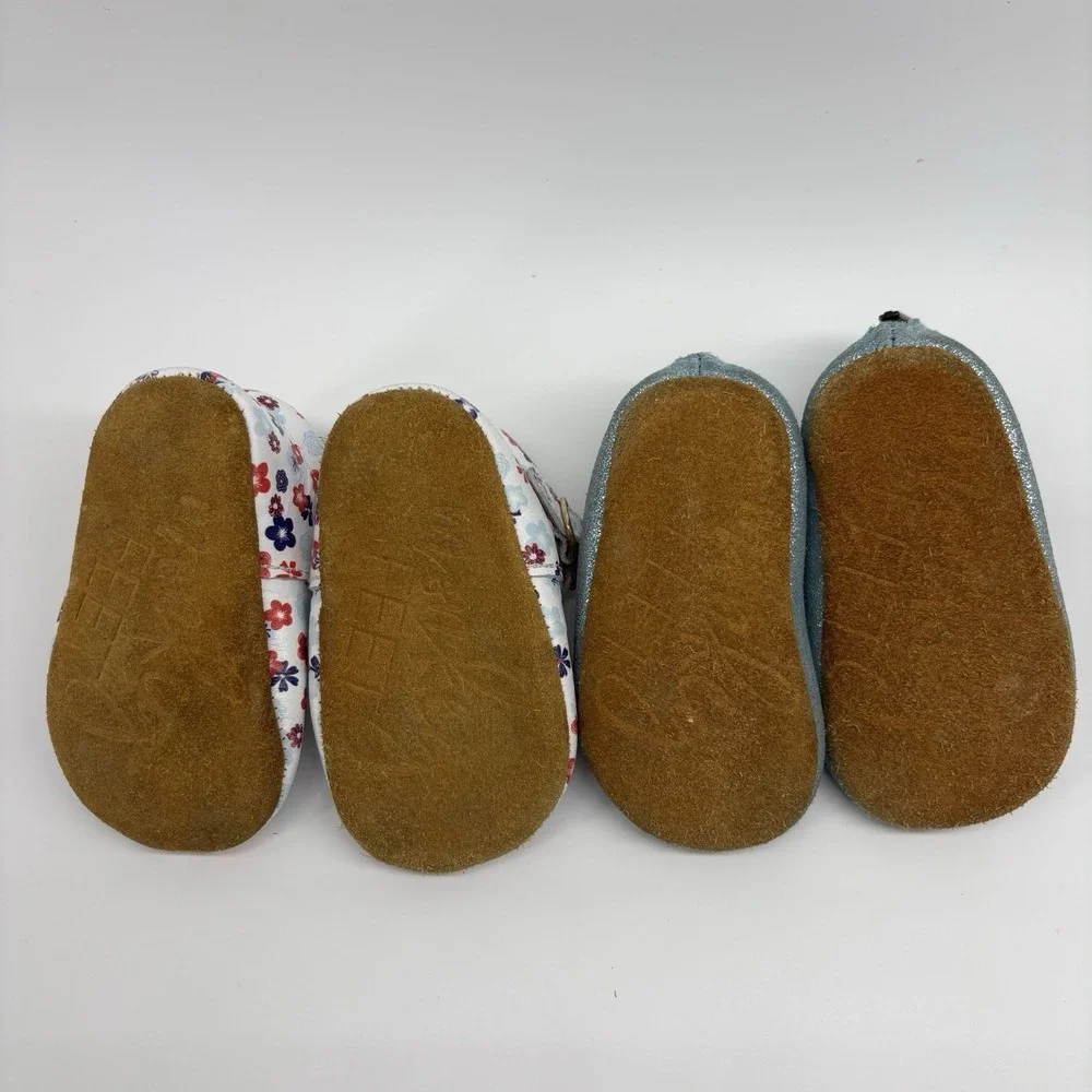 Monkey Feet Shoes Lot Of 2 Baby Girl Size 3-6 Months Blue Flower Flat Soft Soled